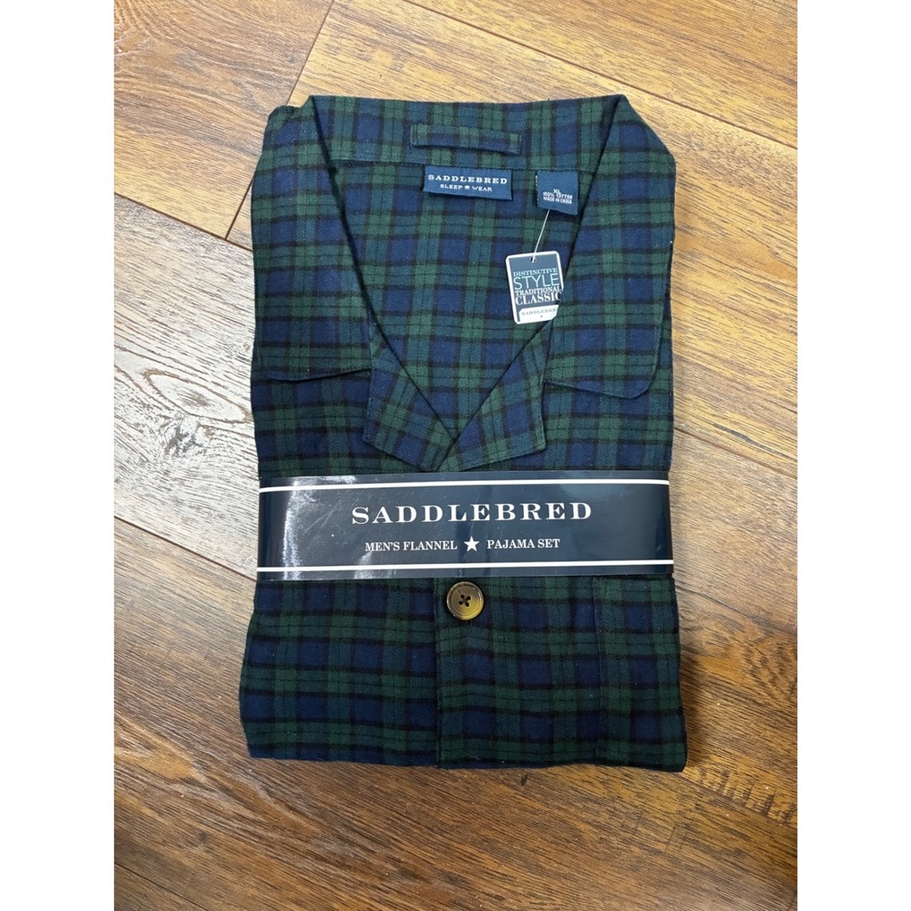 Saddlebred Mens Flannel Pajama Set XL Green Navy Blue Plaid 100% Cotton NWT